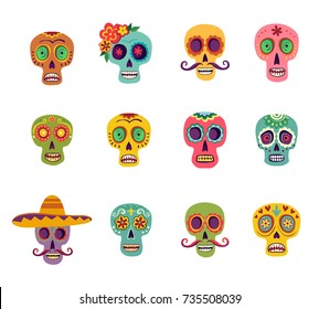 A set of twelve colored sugar skulls, which are decorated with flowers, with a mustache and a sombrero