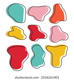 A set of twelve colorful abstract blobs with black outlines, perfect for adding a playful touch to designs.