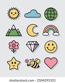 A set of twelve colorful, cute vector icons with a playful design style