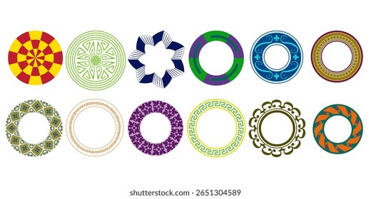 Conjunto de doze quadros decorativos circulares coloridos com diversos padrões geométricos e artísticos, ideais para design gráfico, convites, artesanato e projetos de arte digital.
