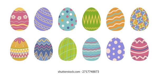 set of twelve colorful Easter eggs with various patterns like stripes, polka dots, and geometric designs. Vector illustration . Perfect for seasonal decorations and holiday-themed projects.