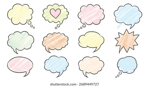 Um conjunto de doze bolhas de fala coloridas desenhadas à mão com uma textura rabiscada, incluindo uma bolha em forma de coração, sobre um fundo branco.
