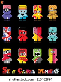 Set of twelve colorful monsters