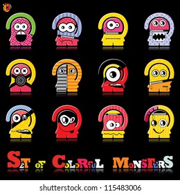 Set of twelve colorful monsters