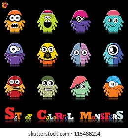 Set of twelve colorful monsters