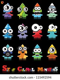 Set of twelve colorful monsters