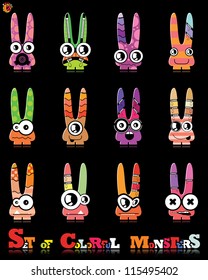 Set of twelve colorful monsters