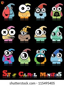Set of twelve colorful monsters