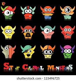 Set of twelve colorful monsters