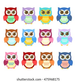 A set of twelve colorful owls isolated on a white background. Cute cartoon owls. Vector illustration. 