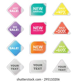 Set of twelve colorful stickers in diamond, rectangle and triangle shapes