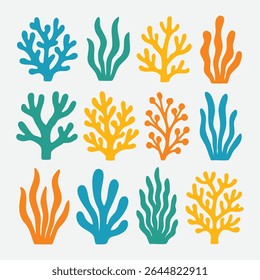 Conjunto de Doze Colorido de Plantas Subaquáticas e Corais EPS 10