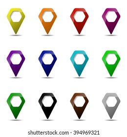 set of twelve colors glossy rounded hexagon map pointers