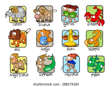 Set of twelve comic cartoon zodiacal signs. Aries, Taurus, Gemini, Cancer, Leo, Virgo, Libra, Scorpio, Sagittarius, Capricorn, Aquarius, Pisces. Horoscope collection.