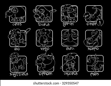 Set of twelve comic cartoon zodiacal signs. Aries, Taurus, Gemini, Cancer, Leo, Virgo, Libra, Scorpio, Sagittarius, Capricorn, Aquarius, Pisces. Black silhouettes technique drawing.