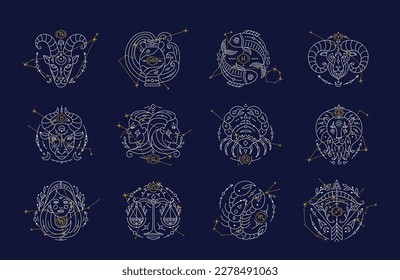 Set of twelve constellations with Zodiac symbols and constellations on blue background. Astrology horoscope signs and stars on dark blue sky thin line vector illustration