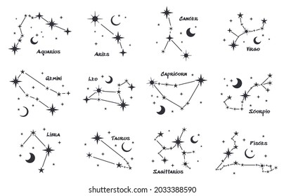 Satz von zwölf Sternbildern. Zodiakalkreis. Schwarz, handgezeichnet, Sterne auf weißem Hintergrund. Sternenhimmel. Horoskop, Vorhersagen und Prophezeiungen. Abstrakte Vektorgrafik.