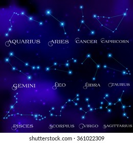 The set of twelve constellations. Constellations of the zodiacal circle. Dark night. Starry sky. Bright shining stars. Horoscope, predictions and prophecies. Vector illustration.