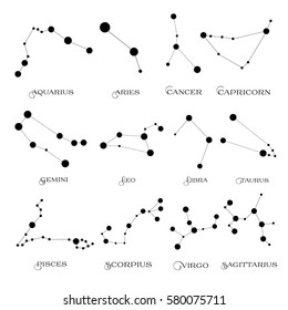 Set of twelve constellations. Zodiacal circle. Isolated on white background. Starry sky. Black stars. Horoscope, predictions and prophecies. Vector illustration.