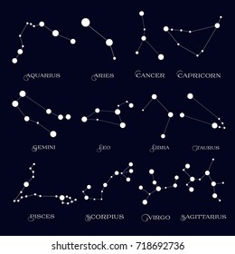 Set of twelve constellations. Zodiacal circle. White dot and line on black background. Starry sky. Horoscope, predictions and prophecies. Abstract Vector illustration.