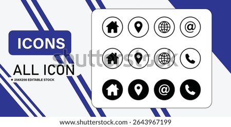 A set of twelve contact information icons including home, location pin, globe, email symbol, and phone, in both black and white versions.