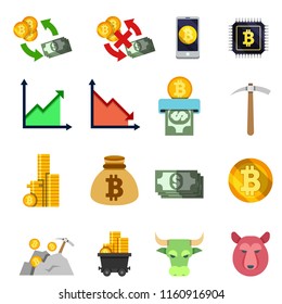 Set of twelve crypto currency flat icons. Blockchain flat icons with money, coin, bull, bear e t c