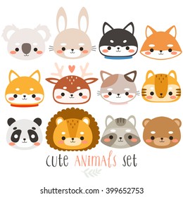 set of twelve cute animals. illustration of fox, rabbit, husky, shiba inu, deer, cat, panda, raccoon, tiger, bear, koala and lion on white background. can be used for cards or birthday invitations