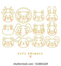 set of twelve cute animals line arts. Domestic and safari animals line arts. can be used for cards or birthday invitations, or like pins template or stickers