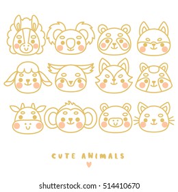 set of twelve cute animals line arts. Domestic and safari animals line arts. can be used for cards or birthday invitations, or like pins template or stickers