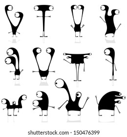Set of twelve cute black monsters