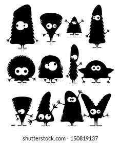 Set of twelve cute black monsters