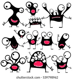 Set of twelve cute black monsters with different emotions isolated on white, cartoon illustration