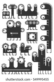 Set of twelve cute black monsters with emotions isolated on white