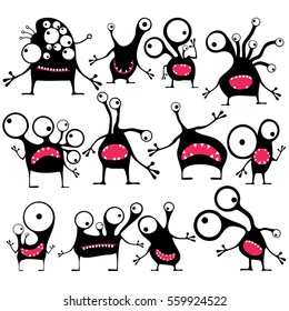 Set of twelve cute black monsters with different emotions isolated on white, cartoon illustration