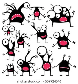 Set of twelve cute black monsters with different emotions isolated on white, cartoon illustration