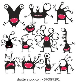 Set of twelve cute black monsters with different emotions isolated on white, cartoon illustration