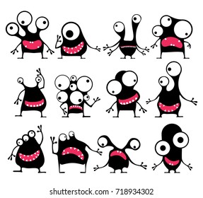 Set of twelve cute black monsters with different emotions isolated on white, cartoon illustration