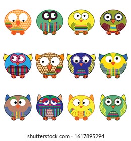 Set of twelve cute cartoon oval owls in various pattern isolated on the white background, cartoon vector outlines as icons