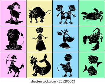 Set of twelve cute cartoon zodiacal signs, black characters on square pastel backgrounds. Aries, Taurus, Gemini, Cancer, Leo, Virgo, Libra, Scorpio, Sagittarius, Capricorn, Aquarius, Pisces.
