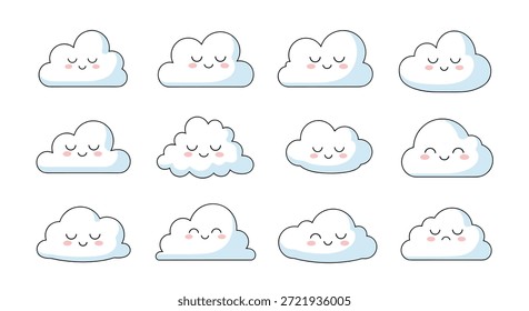 Conjunto de doce personajes de la nube linda que muestran varias expresiones faciales de feliz y durmiendo a triste sobre un fondo blanco.