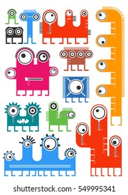 Set of twelve cute color monsters with emotions isolated on white