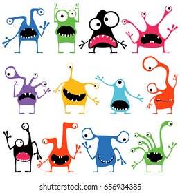 Set of twelve cute color monsters with different emotions isolated on white, cartoon illustration