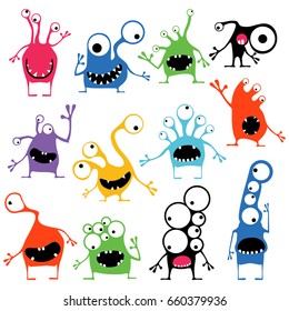 Set of twelve cute color monsters with different emotions isolated on white, cartoon illustration