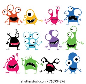 Set of twelve cute color monsters with different emotions isolated on white, cartoon illustration