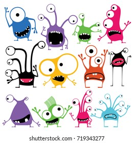 Set of twelve cute color monsters with different emotions isolated on white, cartoon illustration