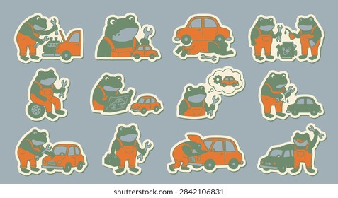 Set of twelve cute frog mechanic stickers. Frogs in orange overalls repairing small cars with wrenches. Flat vector illustration with wobbly black outlines and garage color palette.