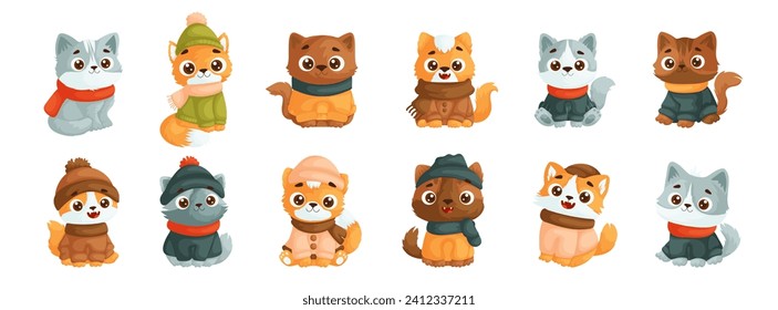 A set of twelve cute kittens who are dressed in winter clothes. Cat in a winter hat. The kitten is dressed in a warm jacket, sweater, scarf, and hat. Cartoon style.