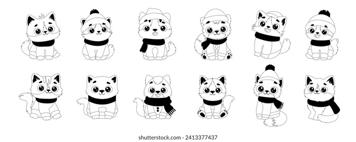 A set of twelve cute kittens who are dressed in winter clothes. Cat in a winter hat. The kitten is dressed in a warm jacket, sweater, scarf, and hat. Linear black and white style.