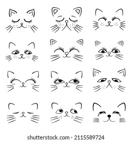 A set of twelve cute minimal cat faces designed in black outline.
