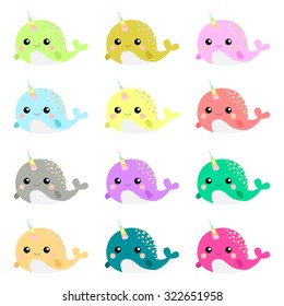 Set of twelve cute narwhals. Rainbow narwhal